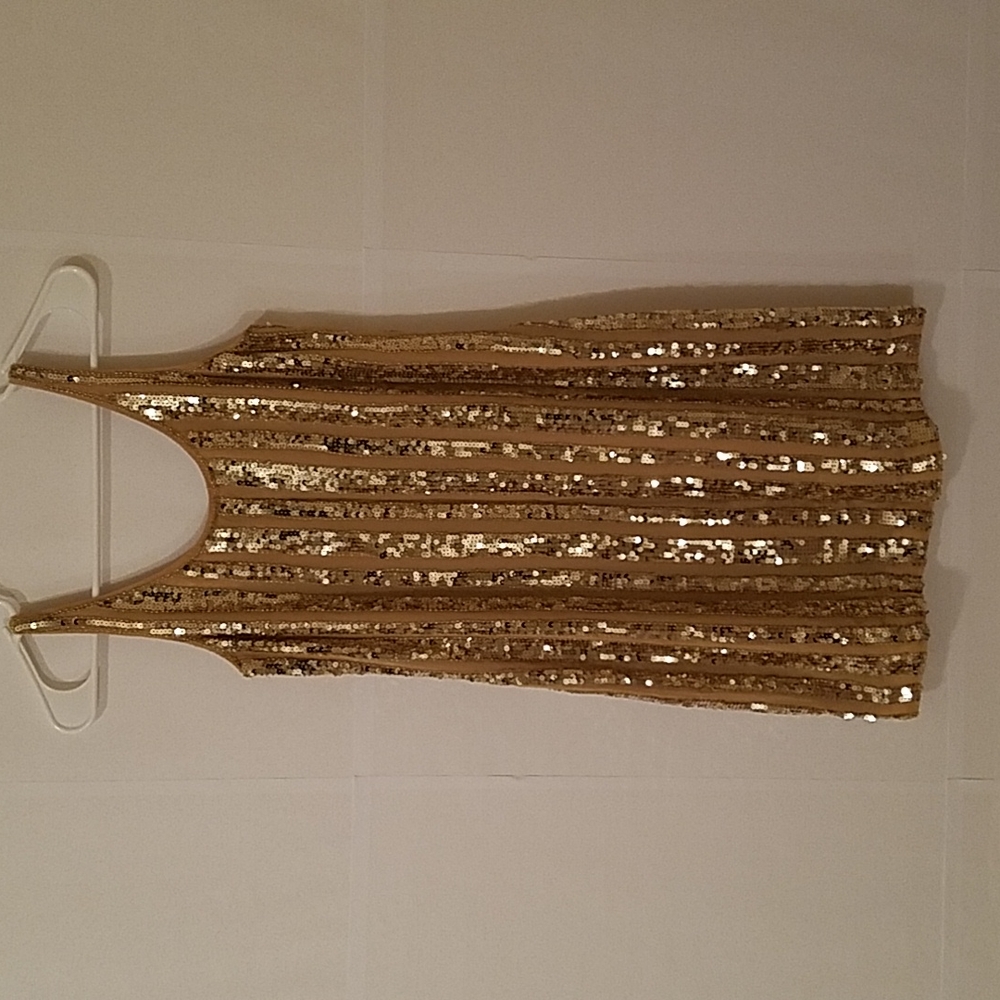 Gold Metallic Sequin and Silk Above Knee Shift Dress Party Dance Prom Sz 2 EUC - Picture 5 of 14
